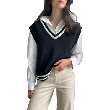 Sinlarity - V-Neck Plain Loose-Fit Sweater Vest