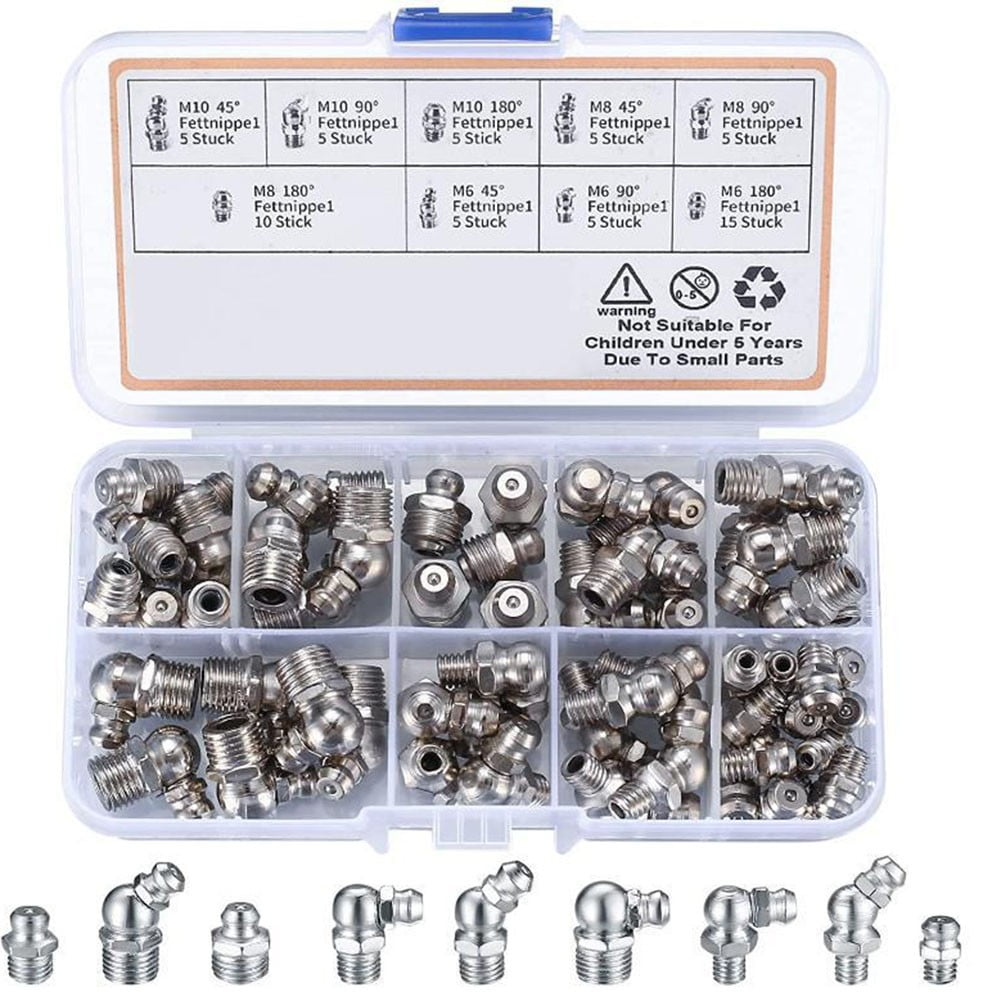 60 Piece Grease Fitting Kit with Needle Nozzle for Hard to Reach Areas