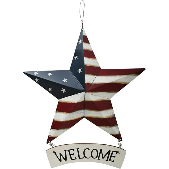 4th of July Metal Star Barn Patriotic Welcome Sign Hanging Wall Decoration, Rustic American Star Decor US Flag Barn Star Door Hanger Sign Indoor Outdoor Wall Art Decor for Independence Day Labor Day