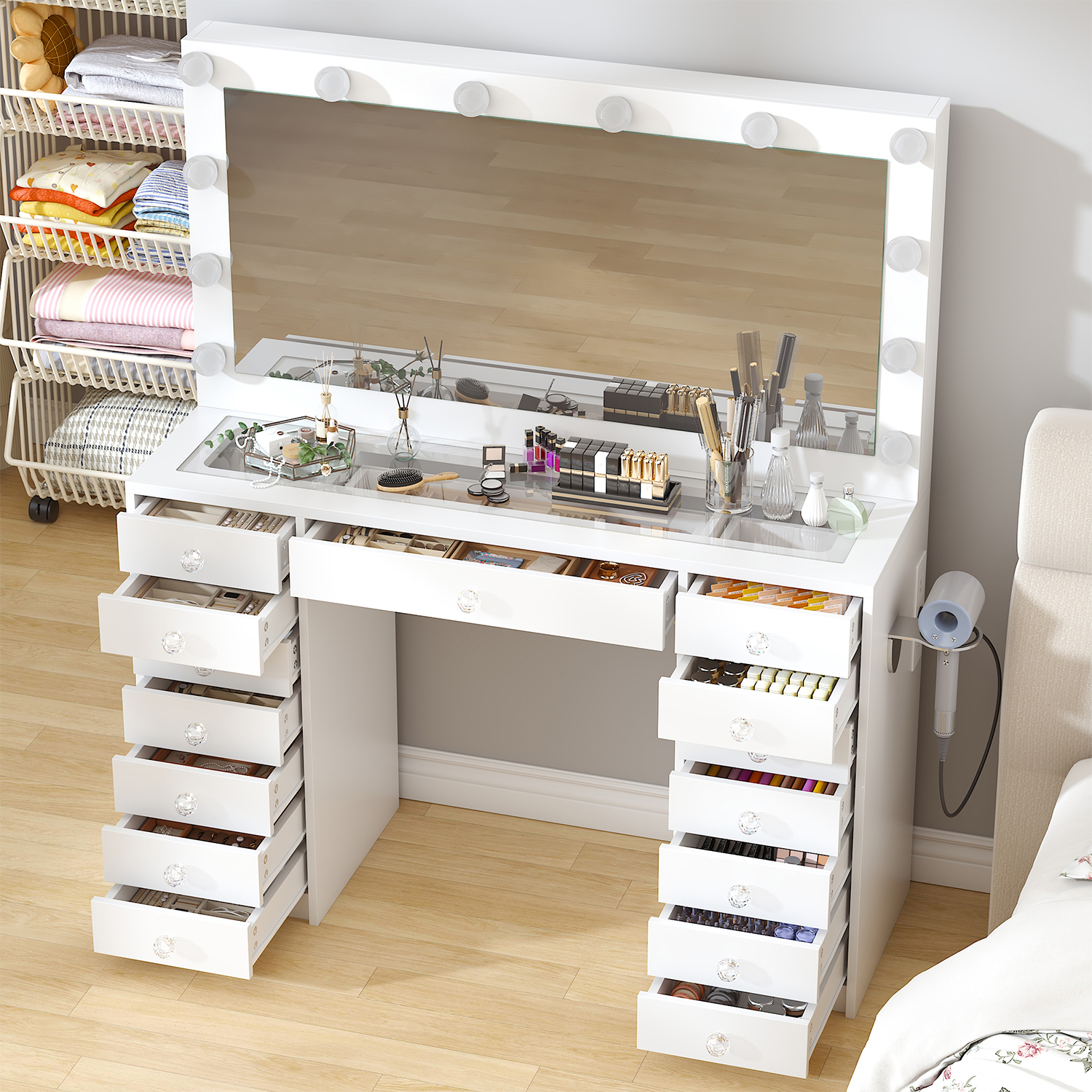 Winkalon Vanity Desk with Mirror and LED Lights, Makeup Vanity with 15 Drawers, Vanity Table with Power Outlet for Bedroom Dressing Room, White