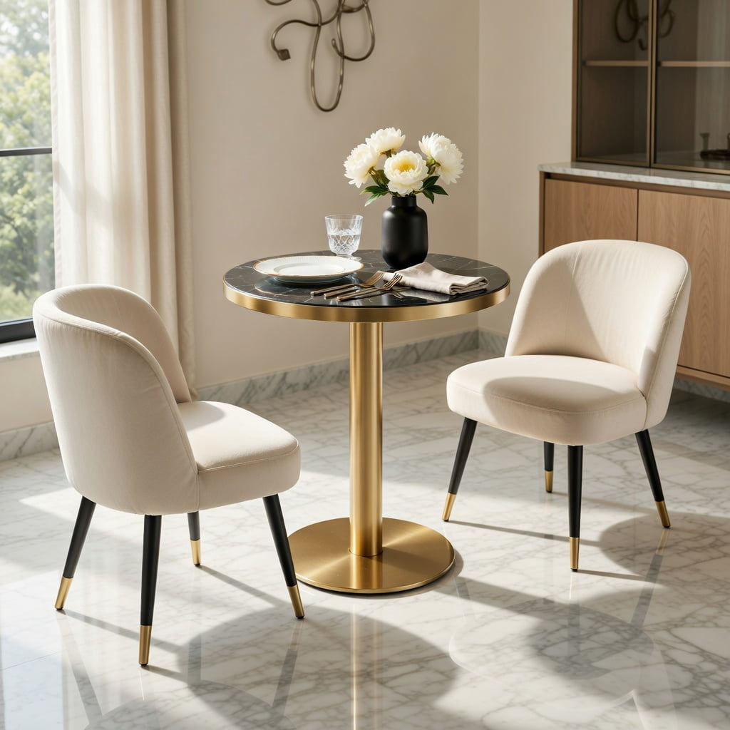 Hommoo Modern Round Bistro Table 23.6", Faux Marble Top with Stainless Steel Edge Banding & Heavy-Duty Metal Pedestal Base, High-Gloss UV-Coated Accent Table, Black & Gold