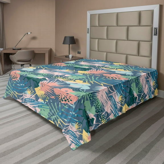 Ambesonne Exotics Flat Bedding Sheet Soft Top Sheet, Dreamy Boho Leaves Tropical, California King, Sea Green Pastel Pink