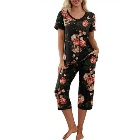 

Frontwalk Womens Capri Set Sleepwear Pajamas Woman Sleep Nightshirt Comfy Outfits Summer Vintage Floral Soft Loungewear Set Size S-3XL