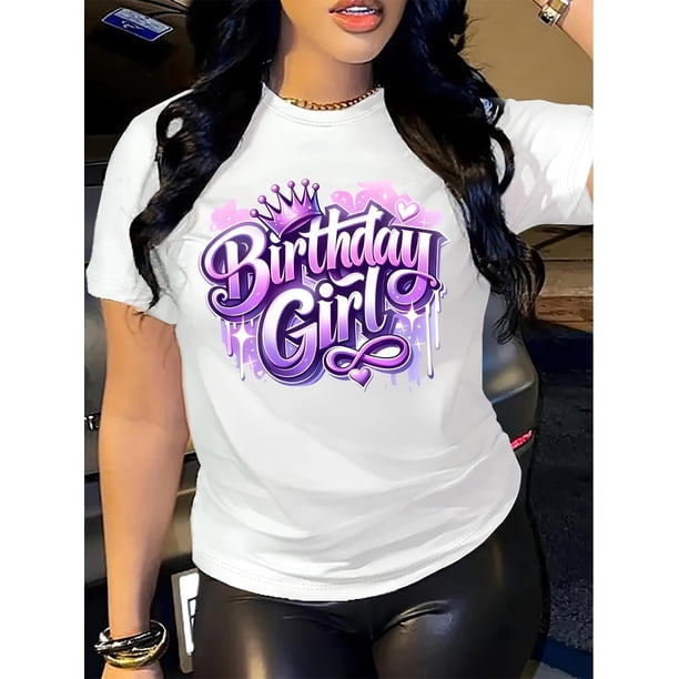 Birthday Graphic Print Short Sleeve Round Neck Casual T-Shirt - 100% Polyester, Machine Washable, Lightweight & Comfortable for Casual Attire or Special Occasions, Cute T Shirts