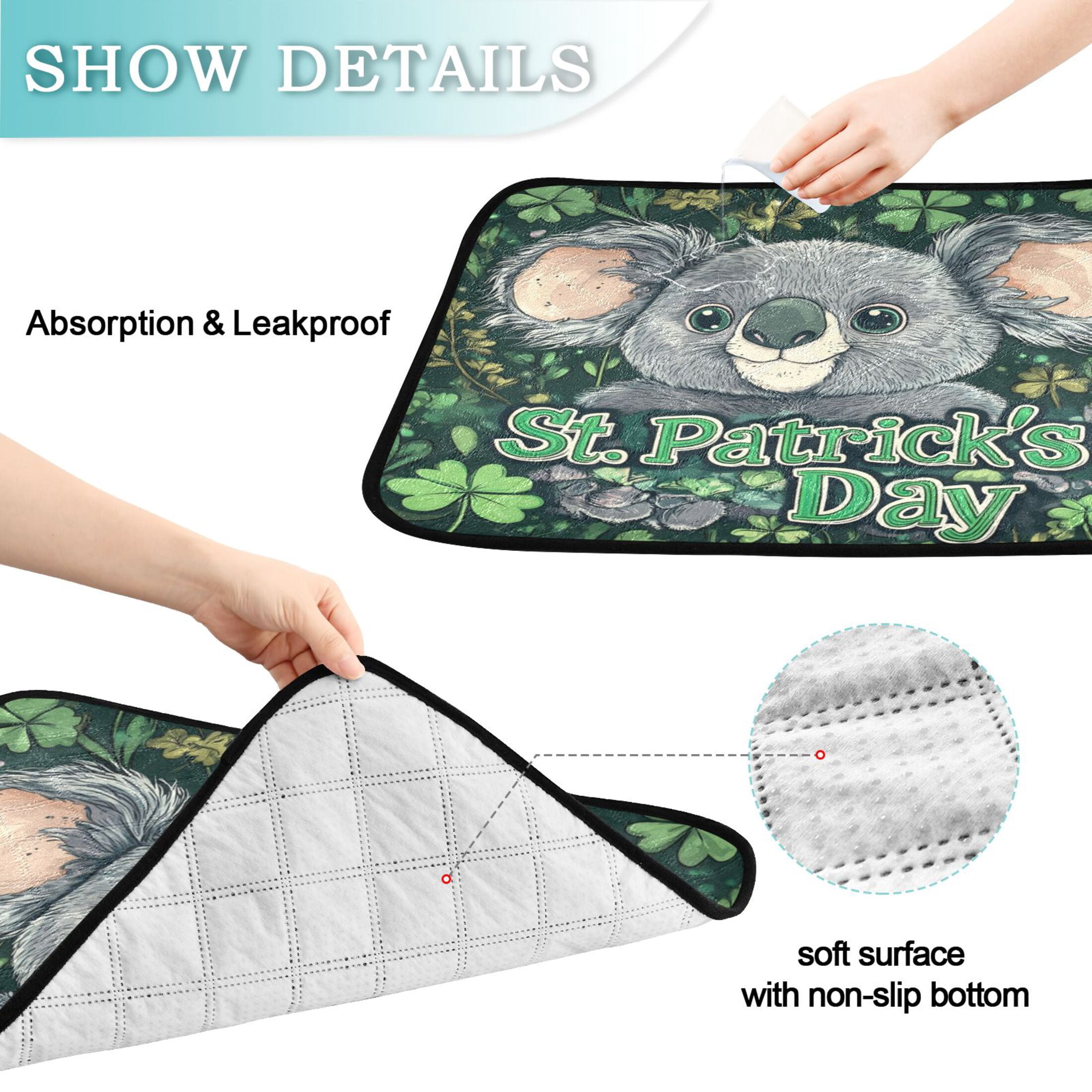 Qxltty Stpatricks Day Cute Koala Cat litter Pads Pet Set of 3 Diaper Mats Center Anti-leakage Layer Absorbent Soft and Comfortable