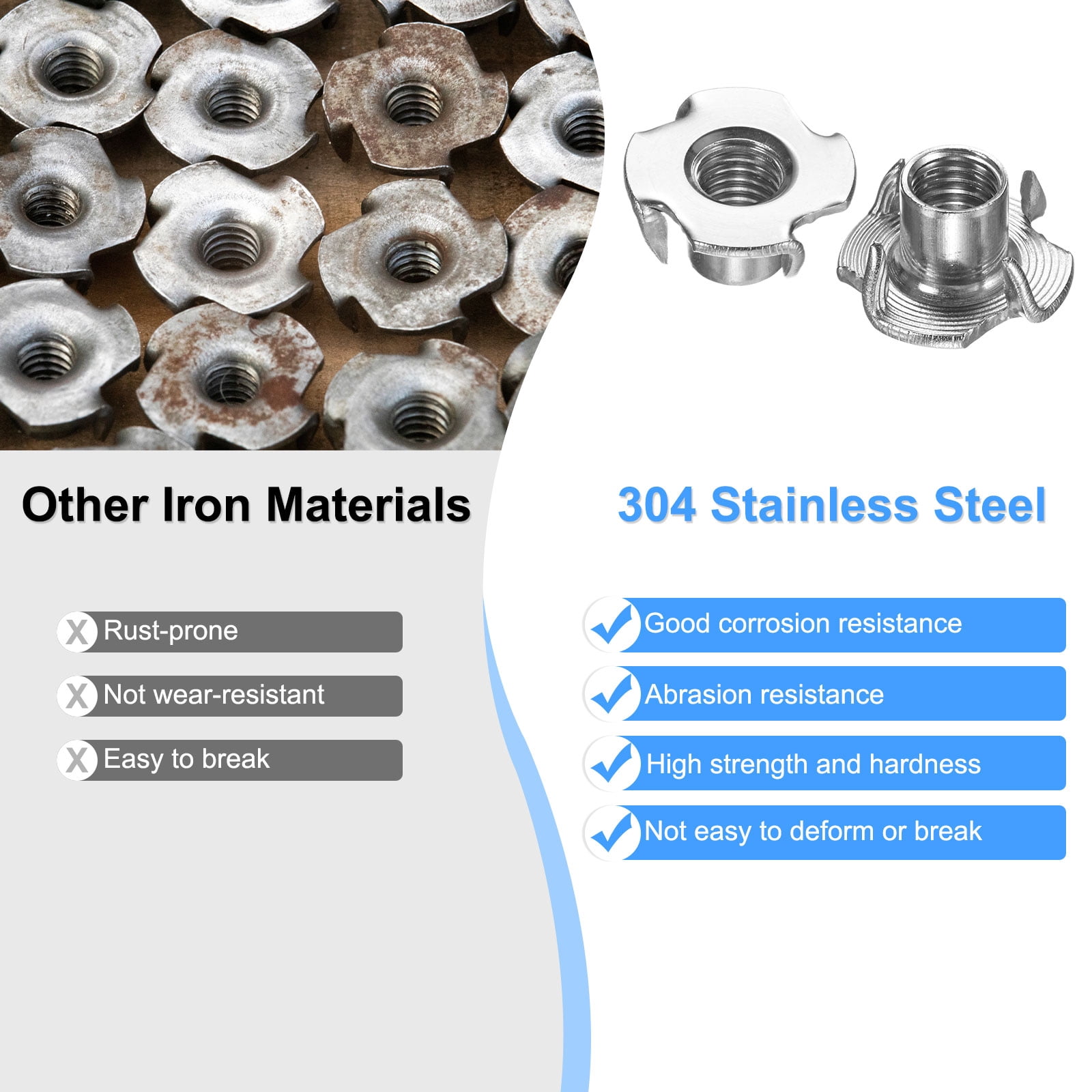 Uxcell 50-Pack M10x13mm T-nut, Stainless Steel 4-Pronged Tee Nut Threaded Insert Corrosion Resistant Fasteners