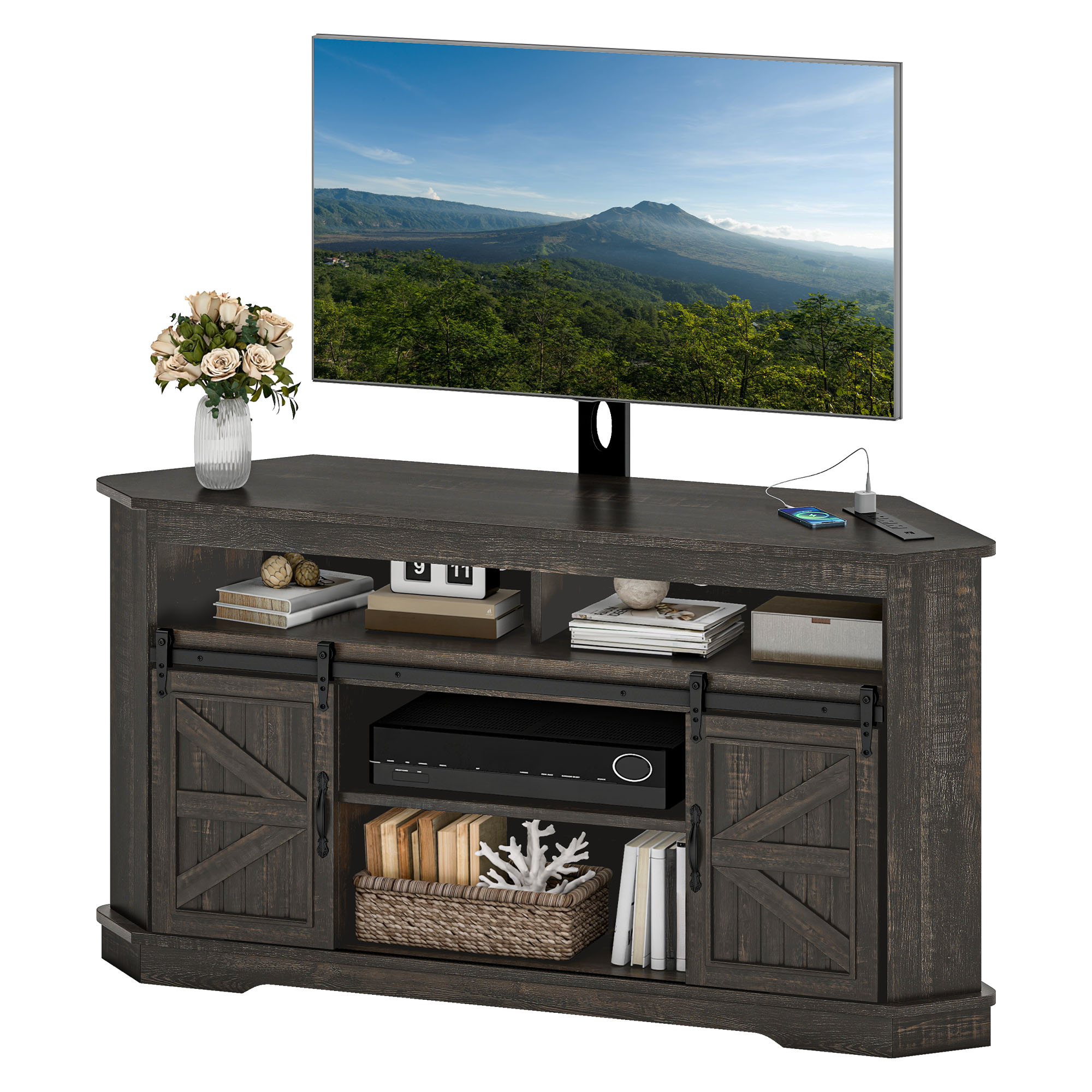 Craftian TV Stand for 70" TV with Mount, Farmhouse Entertainment Center with Power Outlets & Sliding Barn Doors, Dark Rustic Oak