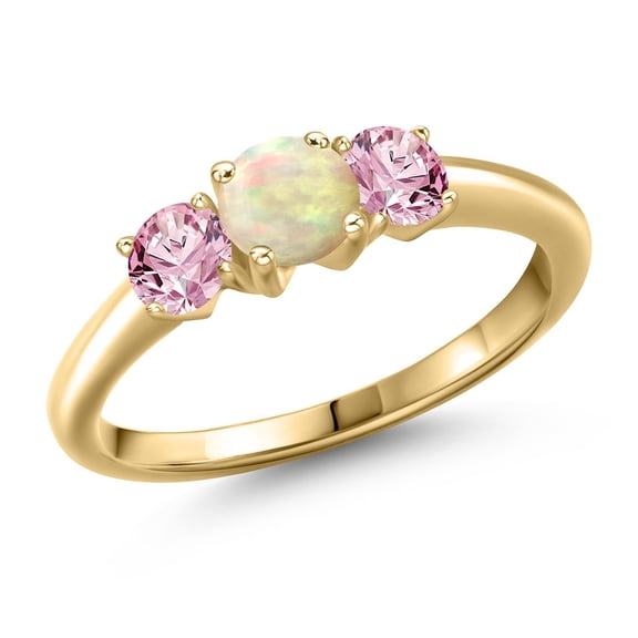 Gem Stone King 10K Yellow Gold White Ethiopian Opal and Pink Lab Grown Diamond Engagement Ring for Women | 0.80 Cttw | Round Cabochon 5MM | Gemstone October Birthstone | Size 6