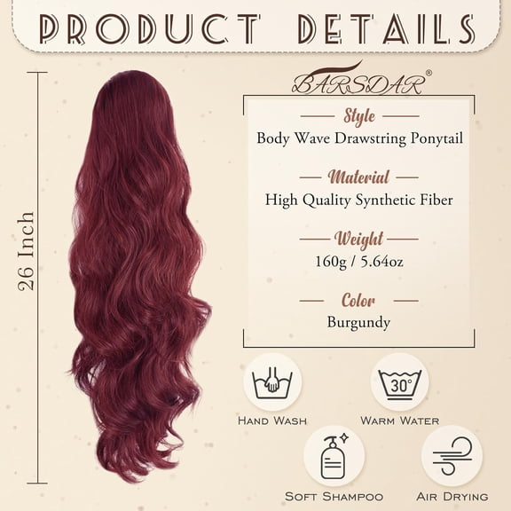 WEIF-Burgundy Red Ponytail Extension - 26 Inch Long Wavy Drawstring Ponytail Hair Extensions for Women - Voluminous Natural Looking Synthetic Clip in Pony Tails Hairpieces - Burgundy