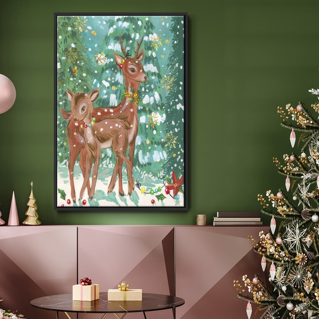 Doe and Fawn II - Framed Gallery Wrapped Holiday Canvas - 27 x 41 - Black Frame