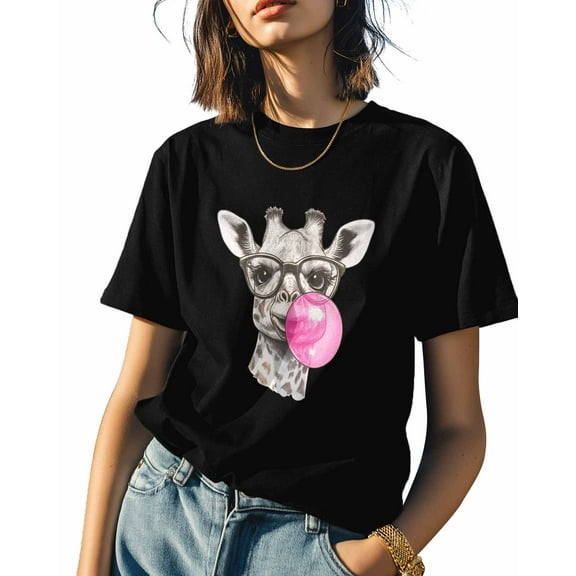 Women's T-Shirts, Giraffe Pink Bubble Animal Cotton Crewneck Tee Short Sleeve Casual Tops Loose Graphic T-Shirt Black, 2XL