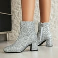 thumbnail image 4 of Womens Ankle Boots Glitter Round Toe Block Heel Zipper Winter Fall Booties Sequin Wedding Prom Dress Short Boots Silver Size 7, 4 of 6