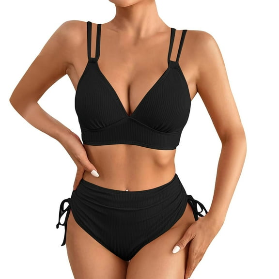 ZQGJB Women's Ribbed Bikini Sets Two Piece Swimsuit V Neck High Waisted Ruched Tummy Control 2025 Summer Side Tie Bathing Suit(Black,L)