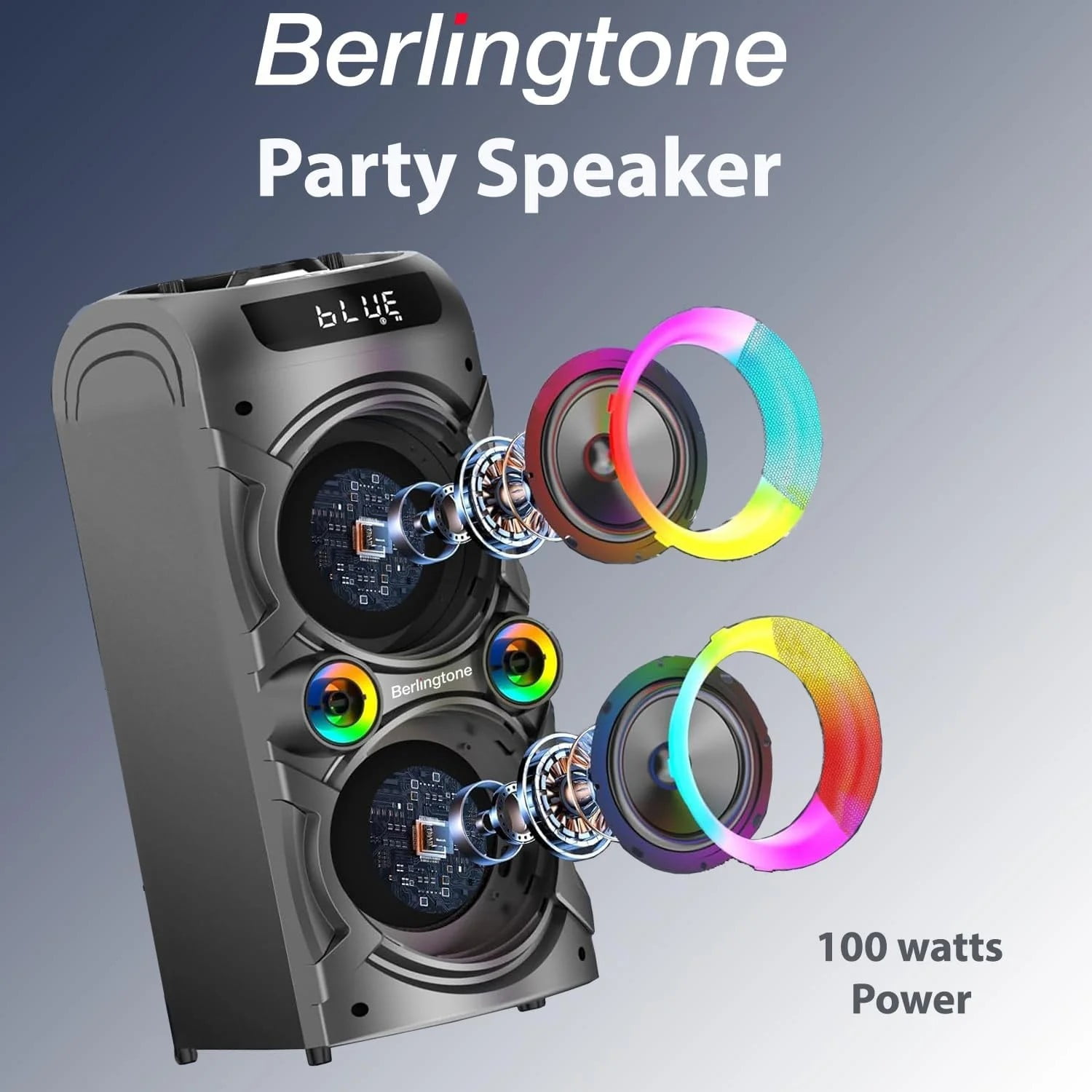 Berlingtone BR-37K Bluetooth Karaoke Machine Speaker System with 2 VHF Wireless Microphones, RGB DJ Lights, 100W Subwoofer, Remote Control, TF Card/USB MP3 Playback for Home, Indoor/Outdoor Parties