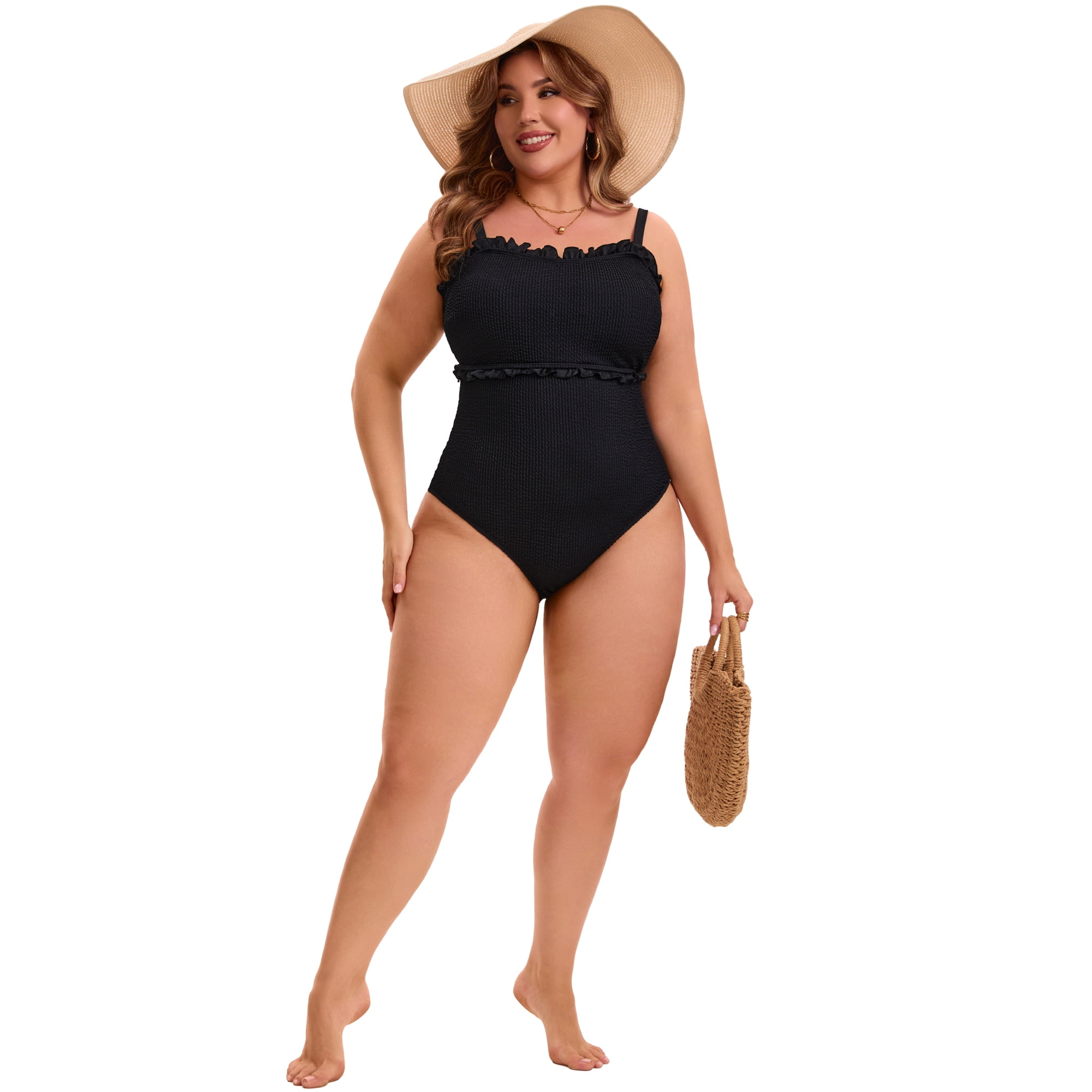 DARING DIVA Women's Plus 1 Pc Bathing Suit Ribbed Monikini Tummy Control 2X Black