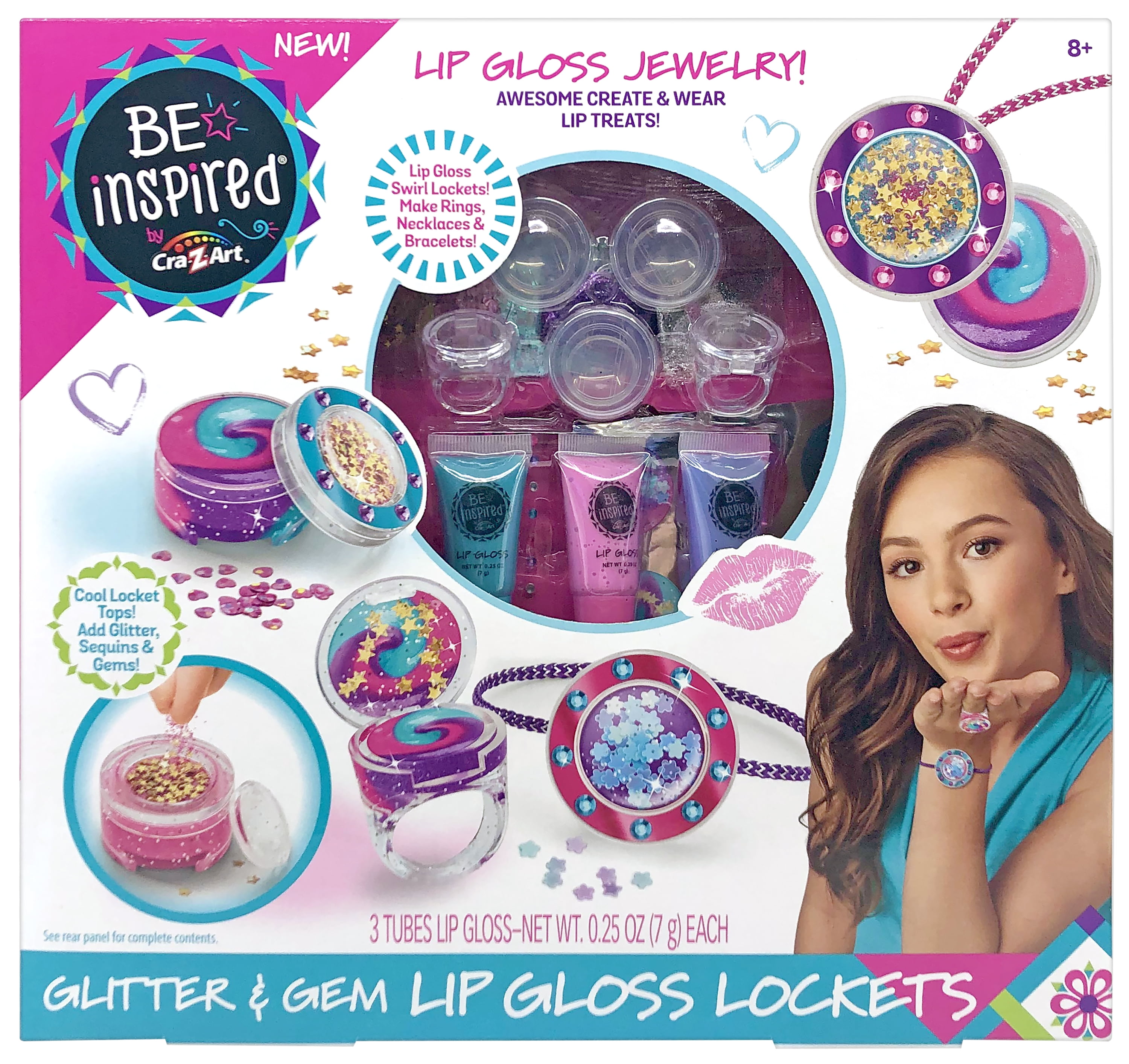Cra-Z-Art Be Inspired New Glitter & Gem Lip Gloss Lockets, Multicolor Craft Kit, Unisex Ages 8 and up