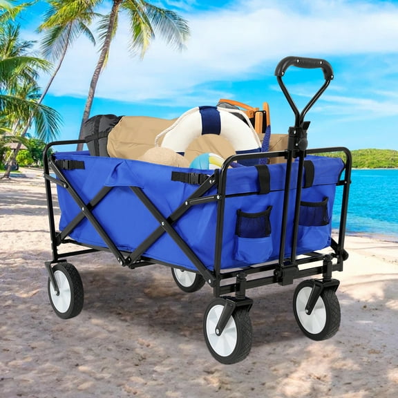NiamVelo Folding Wagon Cart Collapsible Foldable Wagon Outdoor Utility Wagon, Beach Wagon Cart with with All Terrain Wheels & Adjustable Handle for Camping, Shopping, Garden and Beach(Blue)