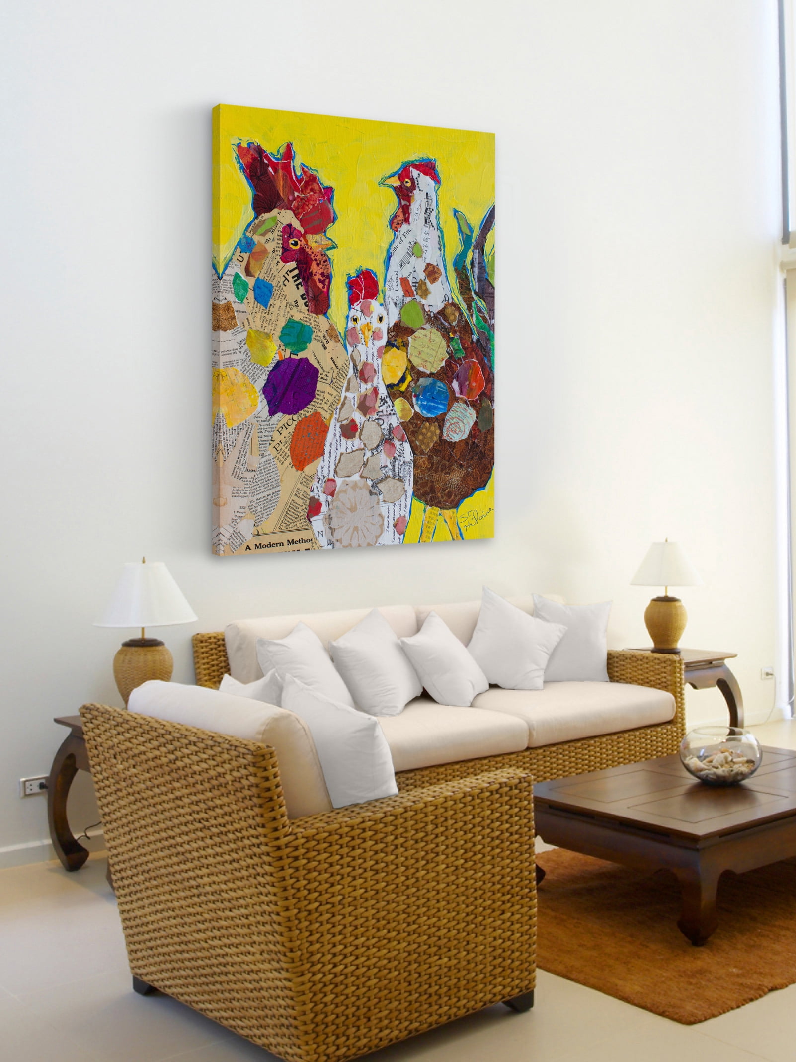 "Trois Poulet" Painting Print on Wrapped Canvas