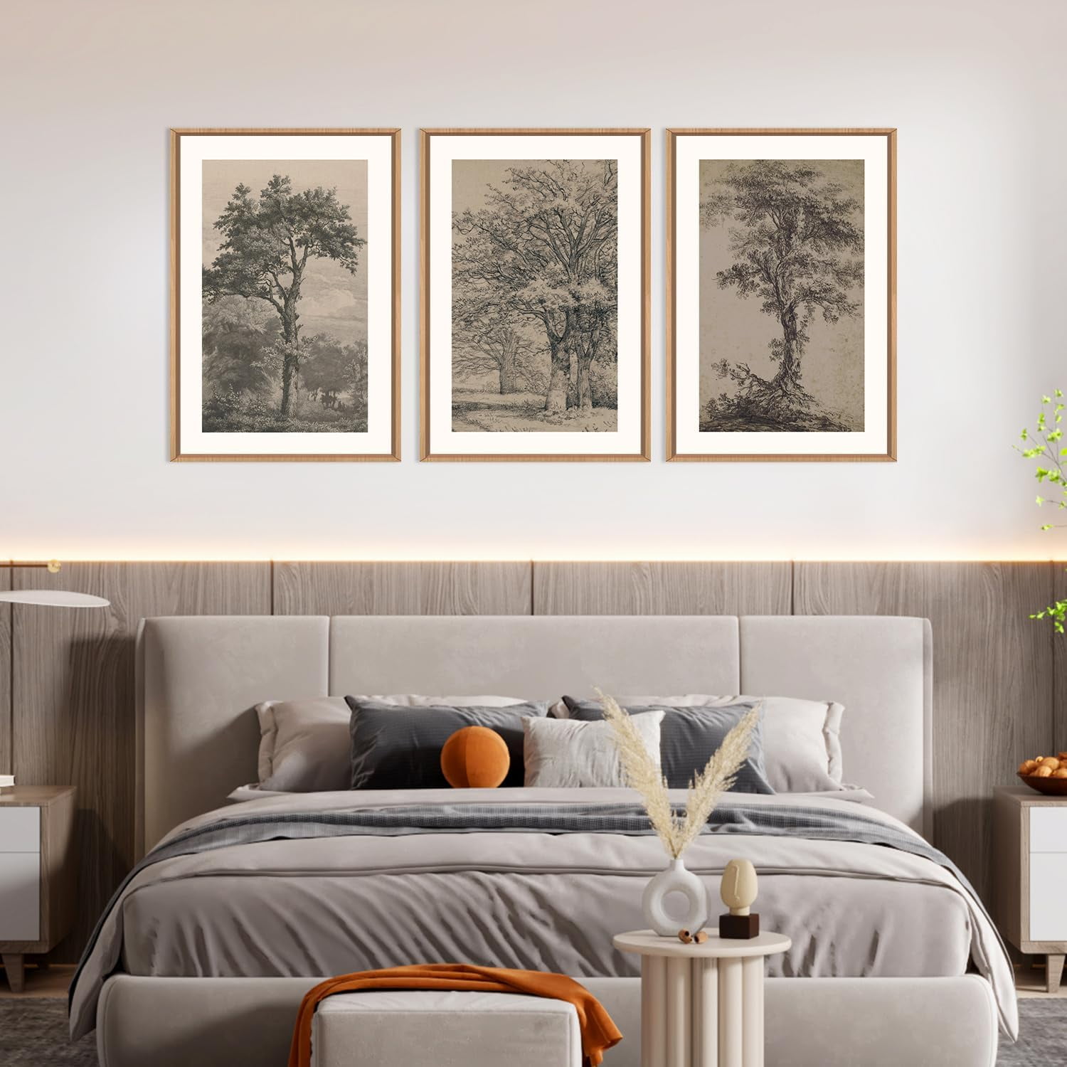 Vintage Tree Sketch Wall Art Set, Antique Tree Drawings Wall Decor, Nature Sketch Wall Painting, Framed Botanical Canvas Art Prints for Living Room, Bedroom, Dinning Room, Farmhouse - 16"x24"x3