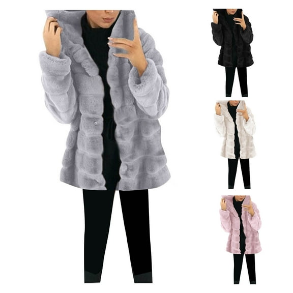 BiZtdJrK Plus Size Faux Fur Sherpa Jackets for Women Fluffy Fuzzy Long Sleeve Hooded Jacket Cozy Warm Winter Open Front Cardigan Beige S