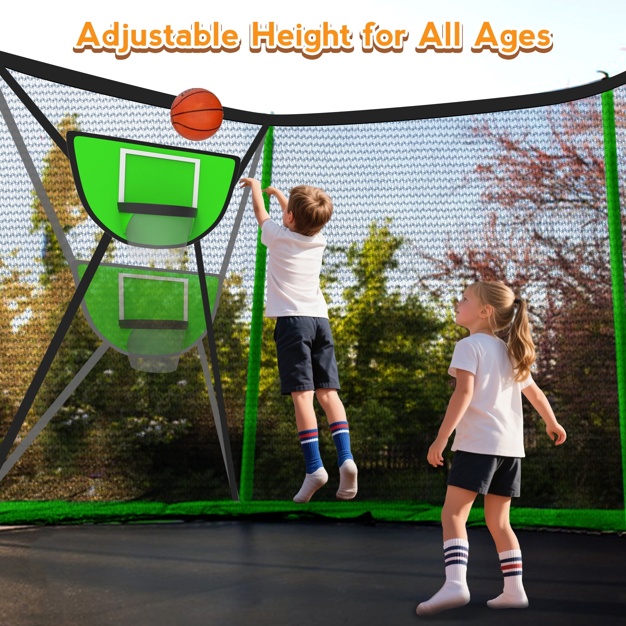 KOFUN Trampoline 12FT with Basketball Hoop for Kids and Adults, Capacity 1200LBS, Outdoor Backyard Trampoline with Enclosure Net, Ladder, Green