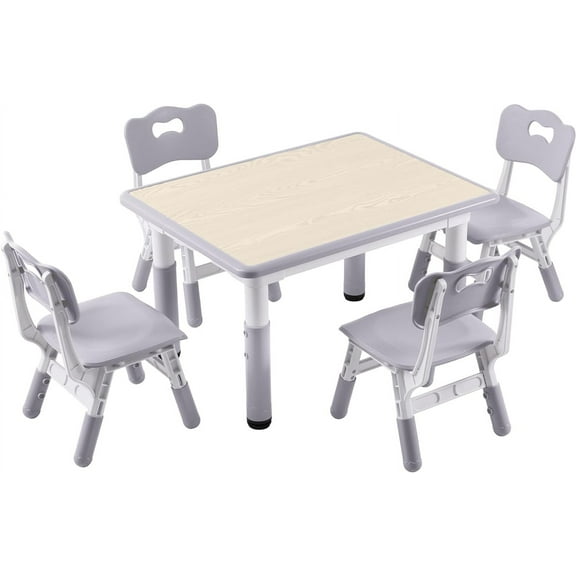 Kids Study Table and Chairs Set, Height Adjustable Toddler Table and Chair Set for Kids Ages 3-8, 31.5" L x 23.6" W Graffiti Desktop Plastic Children Art Table with 4 Seats, Grey