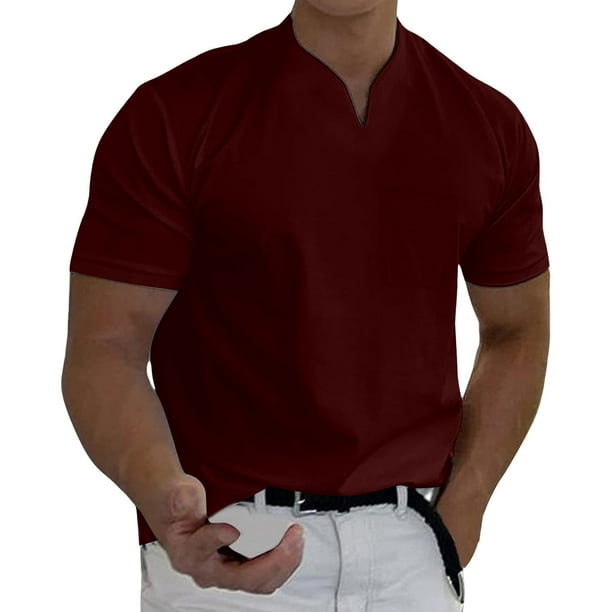 Camisetas Prolriy para hombre, primavera verano, informales, cuello en V, lisas, de manga corta, blusa, camisas para hombre, rojas, tallas XXXXXL