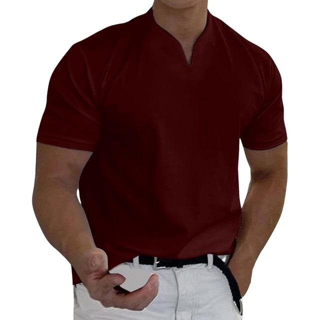 Camisetas Prolriy para hombre, primavera y verano, informales, cuello en V, lisas, de manga corta, blusa, camisas para hombre, rojas, XXL