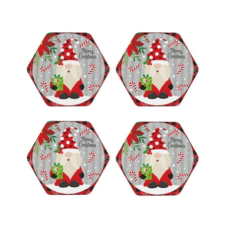 

KLL Drink Coasters Set Hexagon of 4 PU Leather Absorbent Coasters Set Decorative Coffee Cup Coasters Housewarming Gift for Home Decor-Gnome And Buffalo Plaid