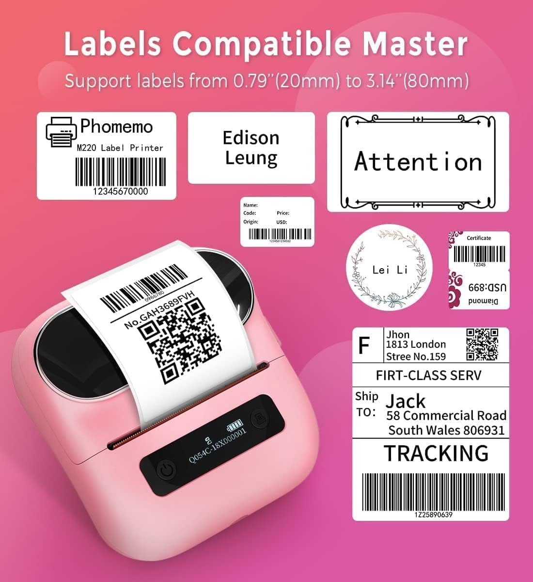 Phomemo M220 3.14 Inch Portable Bluetooth Thermal Label Maker - Support 20-80mm Width Label for Clothing, Mailing, and Address Labels - Compatible with Phone and Laptop (Pink)