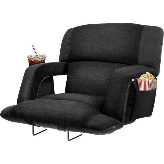 Extra Wide Bleacher Chairs with Back and Cushion Folding Stadium Chairs, Sofa Style Design ,6 Reclining Positions Waterproof Bleacher Seats (1, Black, Wide-26in)