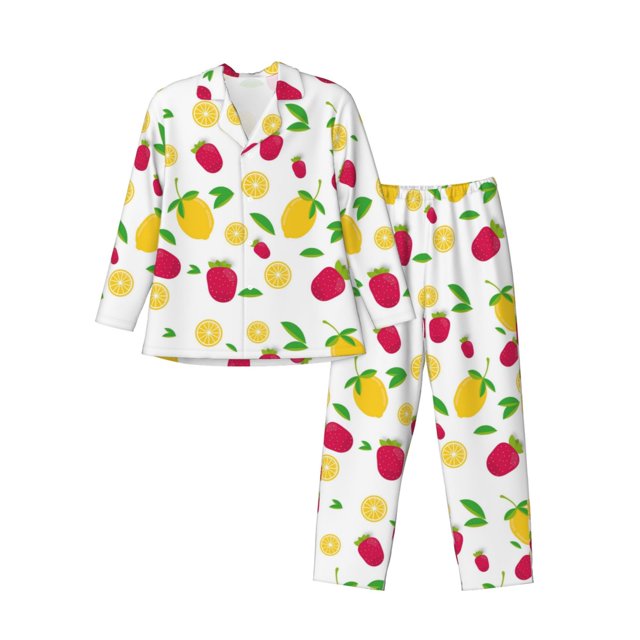 Fotbe Strawberry and Lemon Pijama de Hombre con Estampado de Manga Larga, Conjunto de 2 Piezas, Ropa de Dormir Suave y Cómoda con Bolsillos-Large