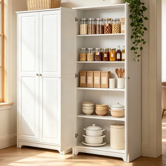 Ktaxon 72" Traditional 2-Door Kitchen Pantry, Storage Cabinet for Multifunctional Use, Wardrobe Armoire with 4 Adjustable Shelves, Tall Freestanding Cabinet for Kitchen, Dining Room, Bedroom, White
