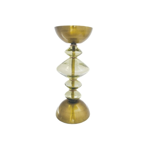 Creative Co-Op Reclaimed Glass and Metal Decorative Pillar Candle Holder, Gold and Green