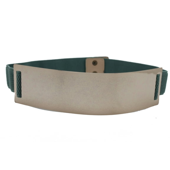 Women Teal Blue Green Elastic Band Gold Metal Plate Belt S M