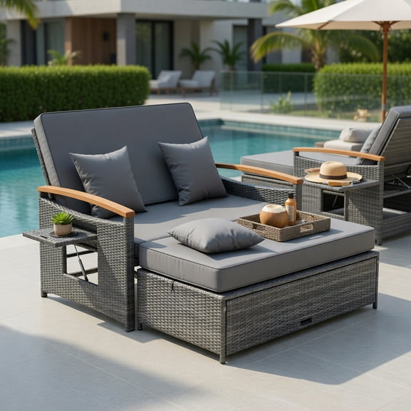 Spaco Single Outdoor Wicker Daybed, Patio Multi-Panel Lounger with Foldable Panels & Matching Storage Ottoman, Mix Gray
