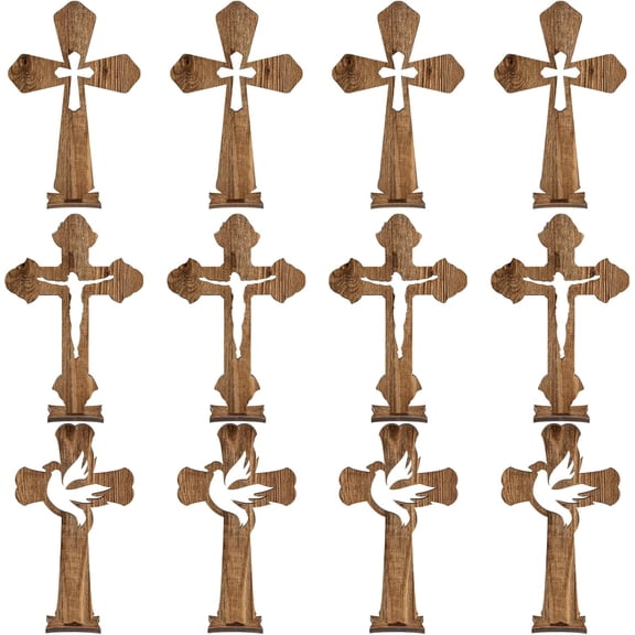 ABPETE 24 Pcs Easter Wooden Crosses for Craft Small Baptism Decor Catholic Rustic Unfinished Standing Cross for Centerpieces Easter Decor Table First Communion, 3 Styles, 6.7 x 4.3 Inches(Dark Brown)