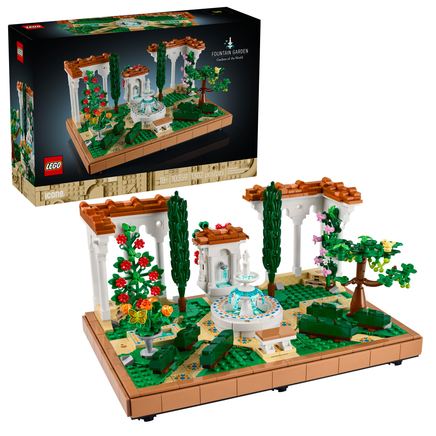 LEGO Icons Fountain Garden Building Set - DIY Kit for Adults, Ages 18+ - Miniature Craft Building Blocks for Wedding Decor, Display - Gift for Wedding - With Cypress Trees and Grape Vines - 10359