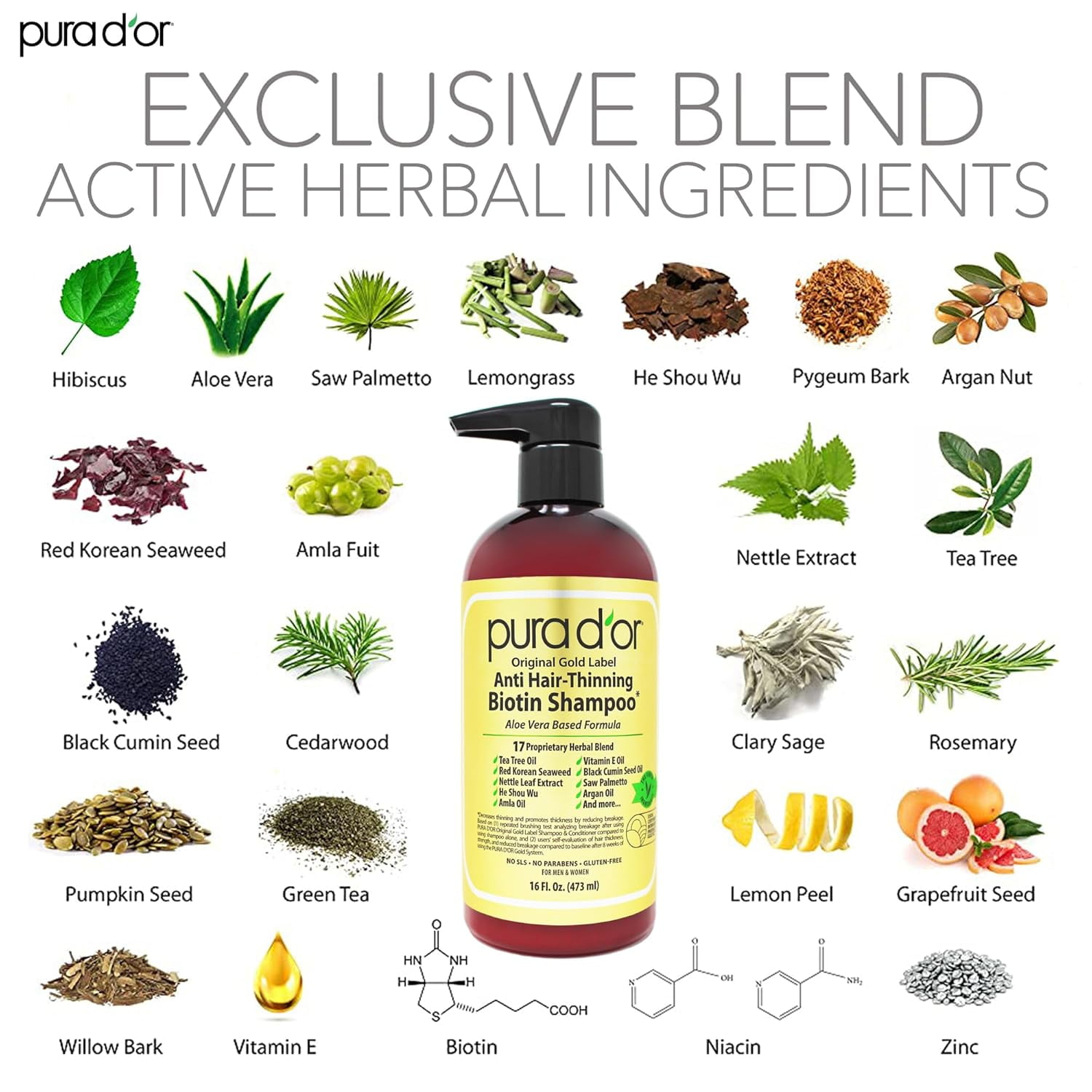PURA D'OR Original Gold Label Anti Hair Thinning Biotin Thickening Daily Shampoo, Herbal, 16 fl oz