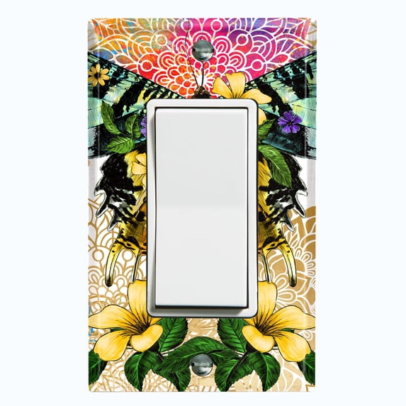 Metal Light Switch Plate Cover Unique Colorful Floral Butterfly Yellow Mandala BUT025