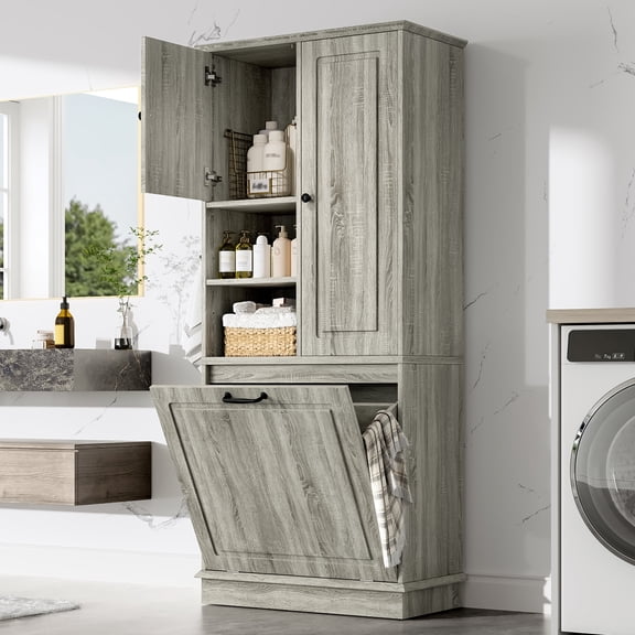 Bathroom Vanity, Tall Storage Cabinet with Adjustable Shelves, Large Flip-Out Basket & Enclosed Cabinets - Perfect for Bathroom, Living Room, or Office, MDF Material with Aluminum Alloy Handles