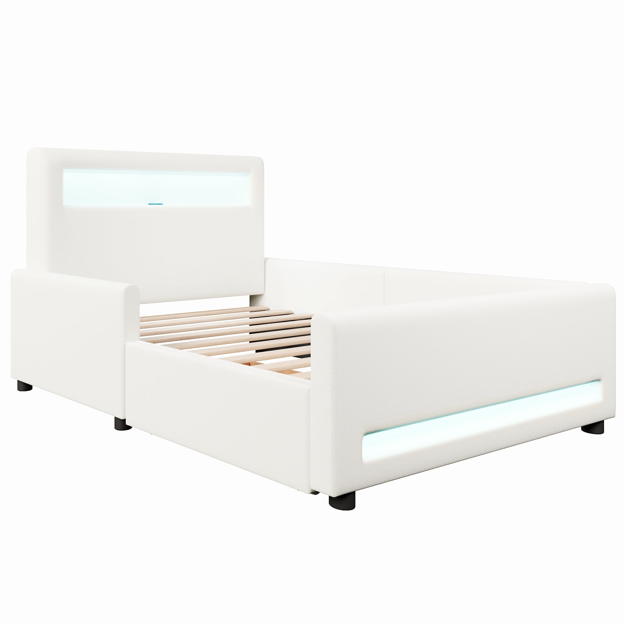 Euroco Upholstered Twin Size Platform Bed with LED Light and USB Ports, 2 Drawers, White