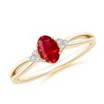 ANGARA Natural Solitaire Oval Ruby Split Shank Engagement Ring with Trio Diamonds in 14K Yellow Gold for Women (Size-6x4mm) | July Birthstone, Anniversary, Jewelry Gift for Women | Natural Ruby Ring