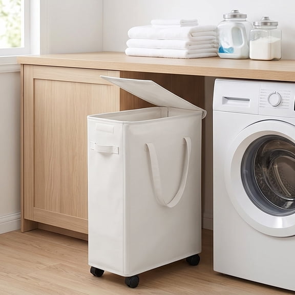 65L Slim Rolling Laundry Hamper with Lid Foldable Fabric, Dirty Clothes Basket with Wheels and Handles, Space Saving Durable, Bathroom Bedroom Laundry Storage Home Use