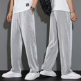 thumbnail image 5 of Men Pants Mid-Rise Elastic Waistband Sweatpants Drawstring Pocket Wide Leg Ribbed Ultra-Thin Ice Silk Casual Trousers Streetwear, 5 of 5