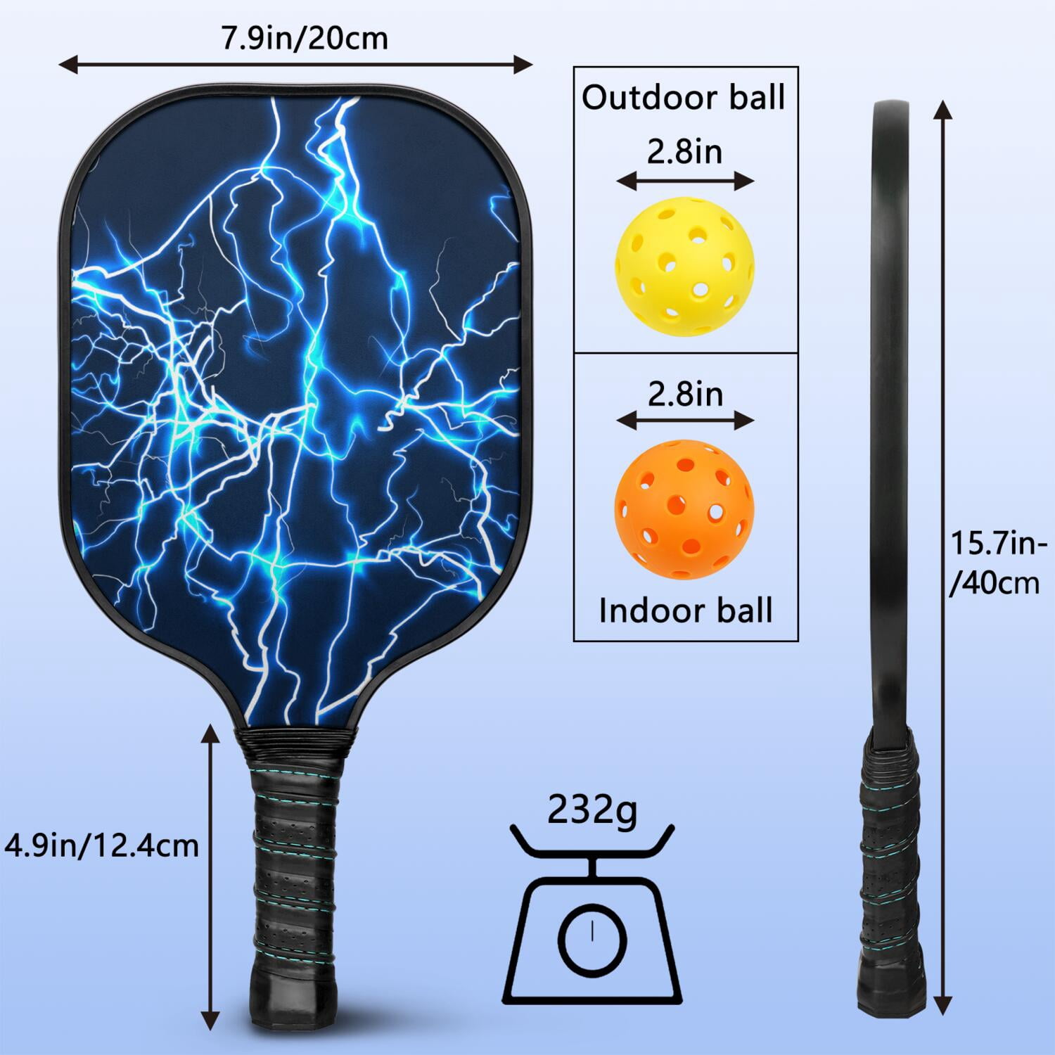 Pickleball Paddles Set Of 1, Fiberglass Surface, Speed, Lightning, Thunder Print, 1 Paddle, 2 Balls & Bag