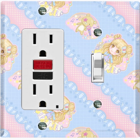 Metal Light Switch Wall Plate Outlet Cover (Pop Star Blue Anime Stripe Pink Ribbon String Pattern - Single Rocker Single Toggle)