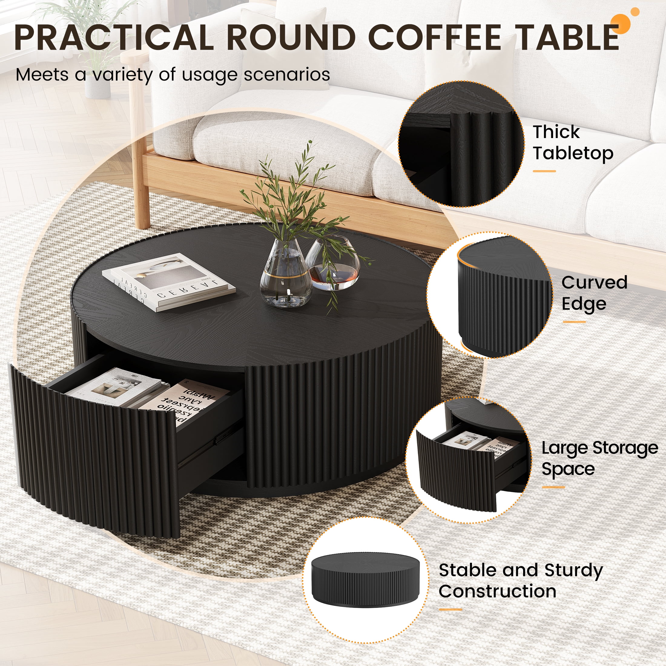 Gelloan 31.5" Round Coffee Table with Two Drawers，Circle Coffee Table Space-Saving Multiple Purpose for Living Room，Dining Room and Home,Black