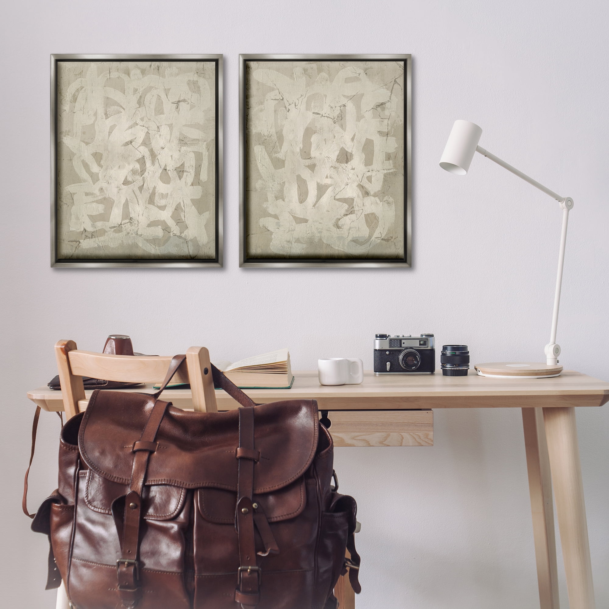 Stupell Industries Beige Neutral Brutalist Style Abstract Painting Gray Floater Framed Canvas Art Print Wall Art, 31 x 25, Set of 2