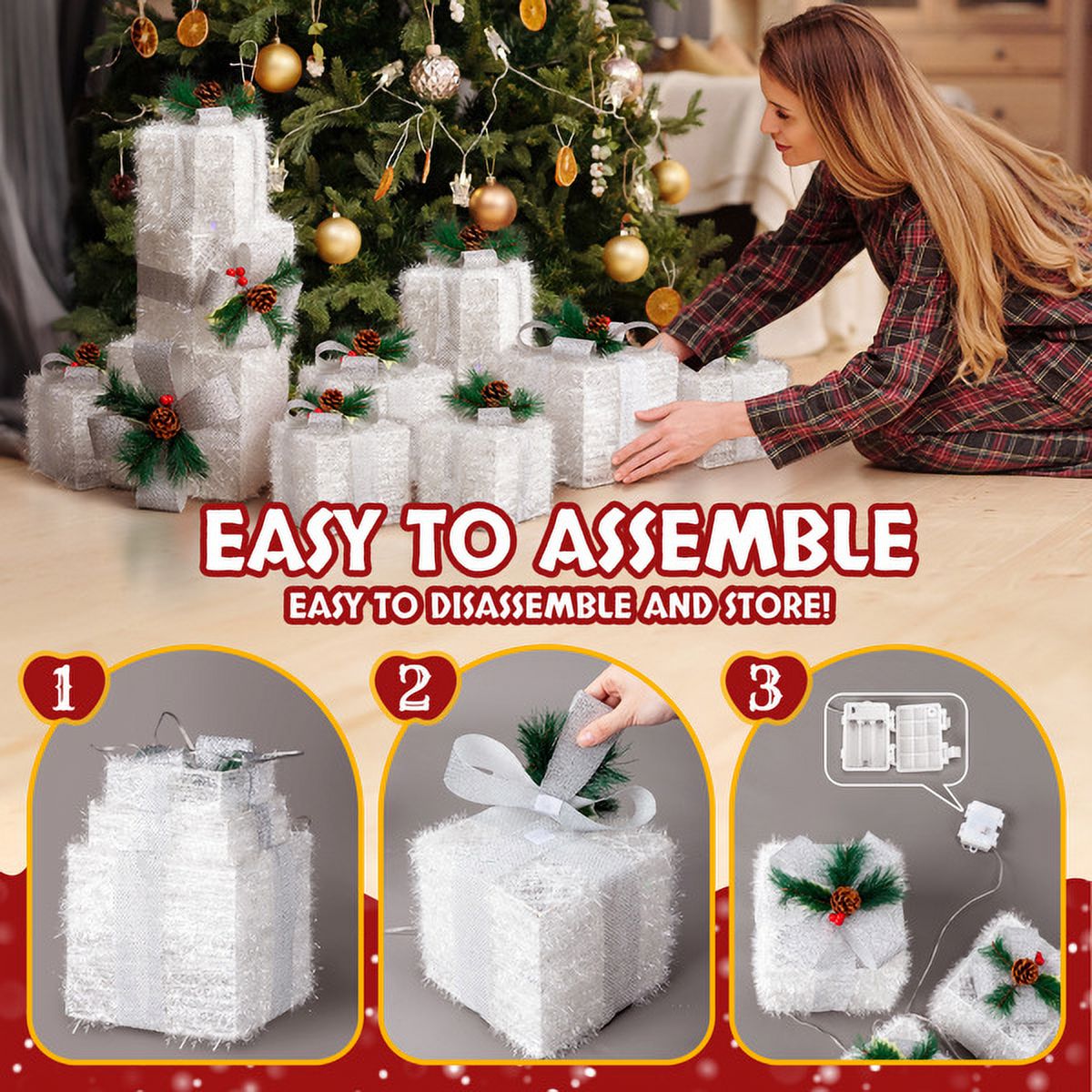 3-Piece Lighted Christmas Gift Boxes Set, 48 Multicolor LED Lights, Nesting Design for Storage, Indoor/Outdoor Decor for Tree, Porch, Yard